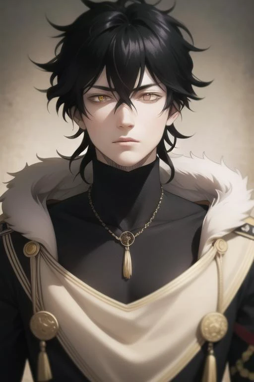 masterpiece, best quality, high quality, 1boy, solo, male focus, looking at viewer, upper body, <lora:yuno:0.84>, yuno, black hair, yellow eyes, hair between eyes, fur trim,