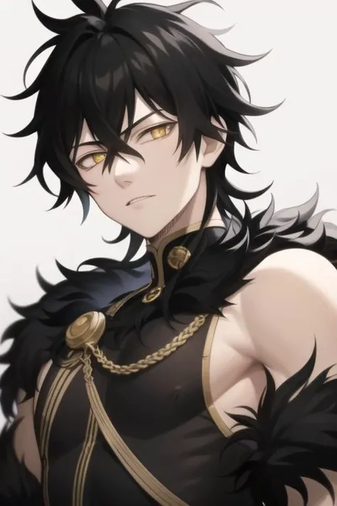 masterpiece, best quality, high quality, 1boy, solo, male focus, looking at viewer, upper body, <lora:yuno:0.70>, yuno, black hair, yellow eyes, hair between eyes, fur trim,