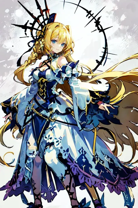 <lora:KnightsInTheNightmare:0.7> white and blue theme,, ultra detailed, masterpiece, best quality, solo, soft smile, light smile,
1girl, blue eyes, very long hair, blonde hair, long blonde hair, french braid, bangs, medium breasts,
hair ribbon, frilled choker, criss-cross halter, sleeveless dress, high-waist skirt, backless dress, waist bow, detached sleeves, frilled sleeves, wide sleeves, pantyhose, patterned legwear, mary janes,