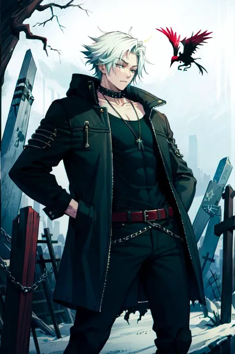 <lora:KnightsInTheNightmare:0.9> kitn, (1boy:1.5), (cowboy shot:1.3), graveyard, moon, black and green theme, mist, crow,, ultra detailed, masterpiece, best quality, aesthetic, detailed,, solo, 1boy, teal eyes, <lora:Tsurime3:1>, (tsurime:1.2), parted bangs, white hair, medium hair, straight hair, shoulder-length hair, male focus,, coat, shirt, pants, studded belt, multiple belts, combat boots, torn clothes, necklace, black coat, black and green theme,
