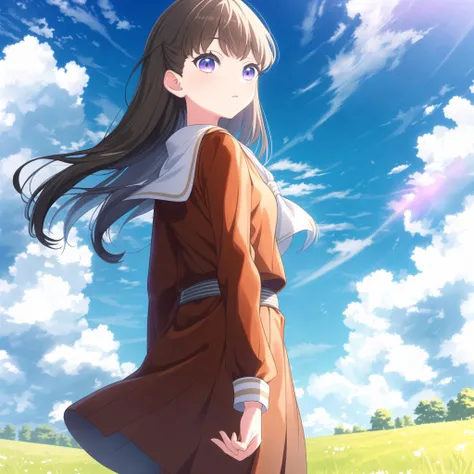 (high quality, best quality, masterpiece), 1girl, solo, fujishima megumi, hasunosora_uniform, <lyco:LLLL:0.5>, looking_at_viewer, expressionless, park, grass, sky, cloud, day