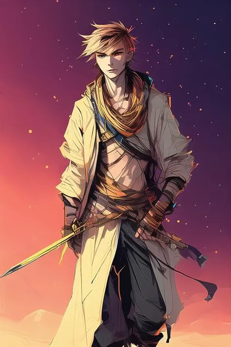 nvinkpunk, a young man with a sword and wearing traditional robes, radiant, bokeh, in the desert, golden hour, samdoesart,  <lora:add_detail:1>
