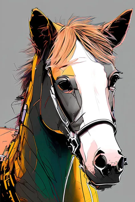 (samdoesarts:1.3), nvinkpunk, a photorealistic portrait of a horse, cyber horse, cyborg animal, drawing, thick lines