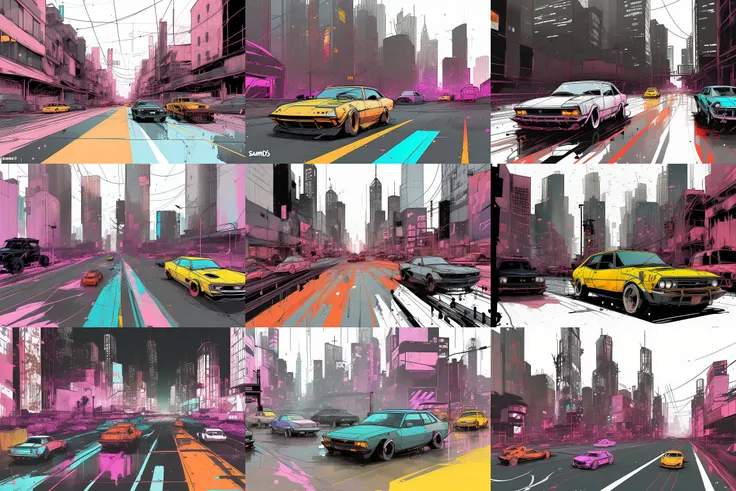 (samdoesarts:1.3), nvinkpunk, cars, city, traffic, dripping ink
