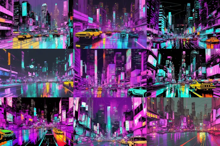 (samdoesarts:1.3), nvinkpunk, cars, city, traffic, dripping ink, night time, neon lights