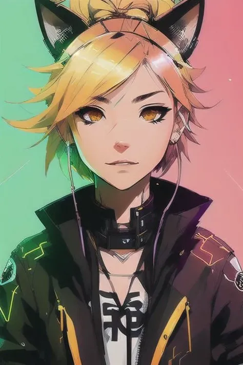 1girl, blond hair, cat_ears, animal_ears, solo, dark_skin, tan_skin, foggy neon futuristic, summer jacket, sakura falling, portrait style, looking_at_viewer, cinematic lighting, eyeliner, makeup, emotional, highly detailed, wide shot, sharp focus, ring light, rim lighting, octane render, ring light, rim lighting, nvinkpunk, samdoesarts