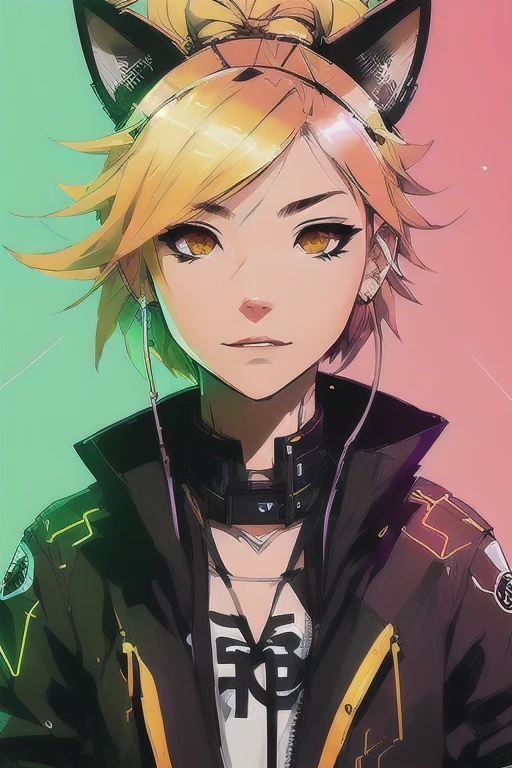 1girl, blond hair, cat_ears, animal_ears, solo, dark_skin, tan_skin, foggy neon futuristic, summer jacket, sakura falling, portrait style, looking_at_viewer, cinematic lighting, eyeliner, makeup, emotional, highly detailed, wide shot, sharp focus, ring light, rim lighting, octane render, ring light, rim lighting, nvinkpunk, samdoesarts