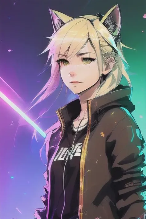 1girl, blond hair, cat_ears, animal_ears, solo, dark_skin, tan_skin, foggy neon futuristic, summer jacket, sakura falling, portrait style, looking_at_viewer, cinematic lighting, eyeliner, makeup, emotional, highly detailed, wide shot, sharp focus, ring light, rim lighting, octane render, ring light, rim lighting, nvinkpunk, samdoesarts