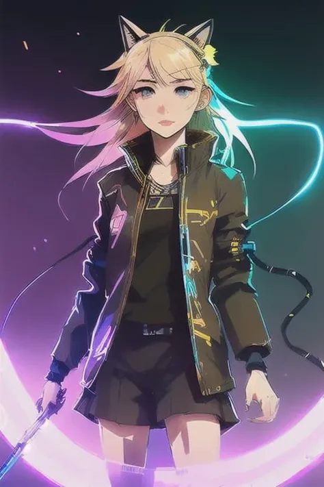 1girl, blond hair,  cat_ears, animal_ears, solo, dark_skin, tan_skin, foggy neon futuristic,  summer jacket, sakura falling, portrait style, looking_at_viewer, cinematic lighting,  eyeliner, makeup, emotional,  highly detailed, wide shot, sharp focus,    ring light, rim lighting, octane render, ring light, rim lighting, nvinkpunk, samdoesarts