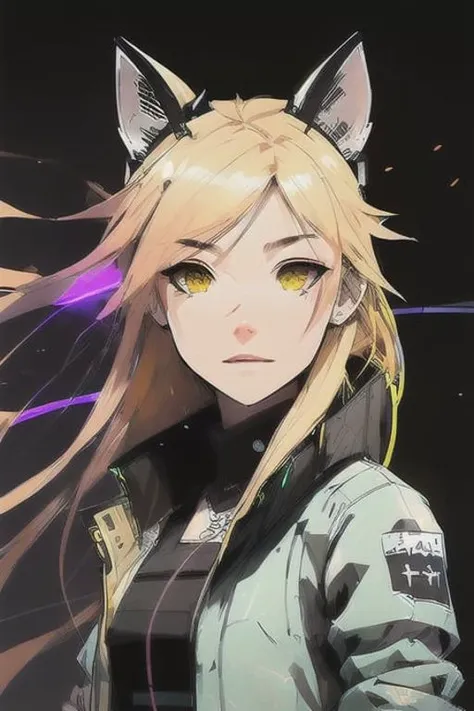 1girl, blond hair, cat_ears, animal_ears, solo, dark_skin, tan_skin, foggy neon futuristic, summer jacket, sakura falling, portrait style, looking_at_viewer, cinematic lighting, eyeliner, makeup, emotional, highly detailed, wide shot, sharp focus, ring light, rim lighting, octane render, ring light, rim lighting, nvinkpunk, samdoesarts