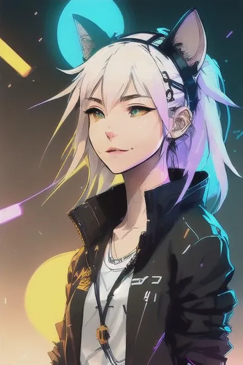 1girl, blond hair, cat_ears, animal_ears, solo, dark_skin, tan_skin, foggy neon futuristic, summer jacket, sakura falling, portrait style, looking_at_viewer, cinematic lighting, eyeliner, makeup, emotional, highly detailed, wide shot, sharp focus, ring light, rim lighting, octane render, ring light, rim lighting, nvinkpunk, samdoesarts