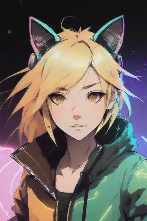 1girl, blond hair, cat_ears, animal_ears, solo, dark_skin, tan_skin, foggy neon futuristic, summer jacket, sakura falling, portrait style, looking_at_viewer, cinematic lighting, eyeliner, makeup, emotional, highly detailed, wide shot, sharp focus, ring light, rim lighting, octane render, ring light, rim lighting, nvinkpunk, samdoesarts