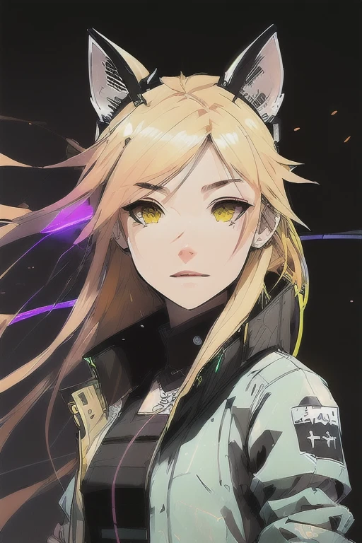 1girl, blond hair, cat_ears, animal_ears, solo, dark_skin, tan_skin, foggy neon futuristic, summer jacket, sakura falling, portrait style, looking_at_viewer, cinematic lighting, eyeliner, makeup, emotional, highly detailed, wide shot, sharp focus, ring light, rim lighting, octane render, ring light, rim lighting, nvinkpunk, samdoesarts
