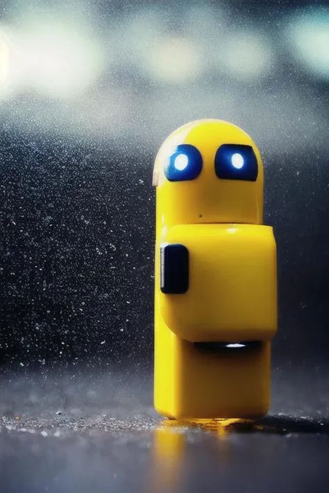 Sad robot holding an umbrela in the rain
