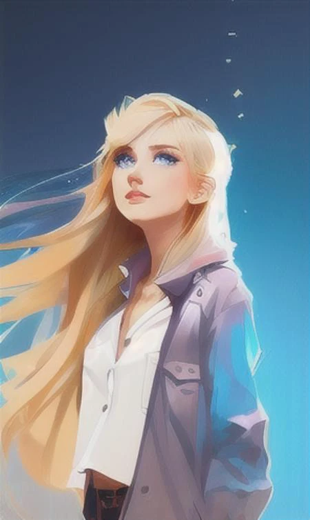Portrait (detailed ((young woman, blonde long hair, blue eyes))), full body, open shirt, unbuttoned, standing, midriff, toned abs, by Olivier Ledroit, by Carne Griffiths, beeple, by Alphonse Mucha, by Michael Garmash, artgerm, smooth, oil on canvas, pltn style, vector, softbox, TXAA, shimmering light, trending on artstation, pixiv polycount art, behance hd, lightwave, organic tracery, sharp focus, ultra detail, 8K resolution,