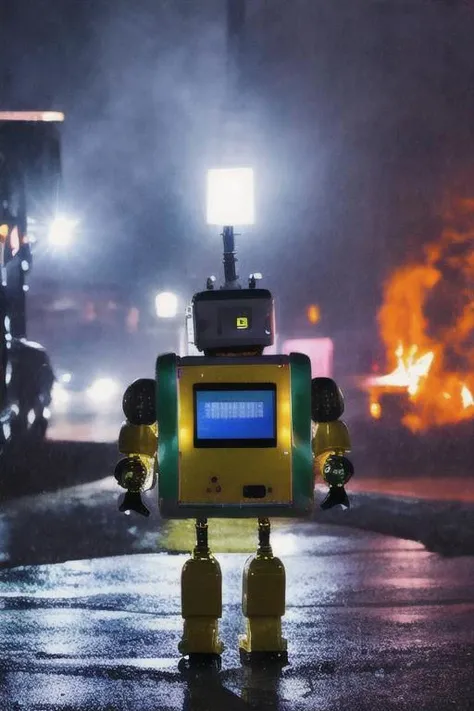Sad robot holding an umbrela in the rain