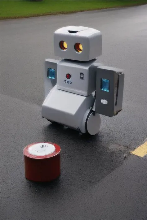 Sad robot holding an umbrela in the rain