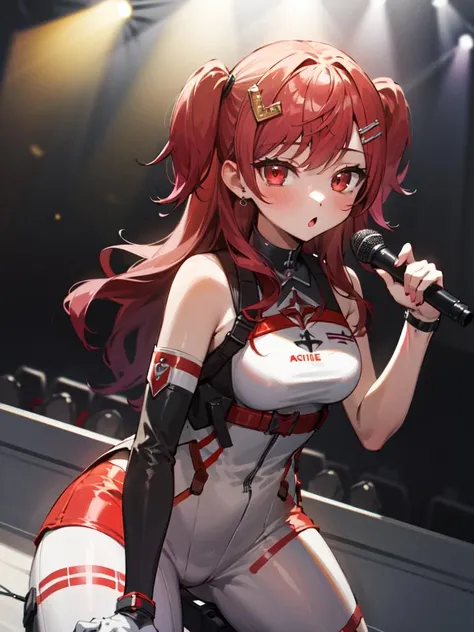 3dCG concept art,A futuristic robotic idol.The girl is very cute,Red hair with red twin tails,Wearing a red and white robot-like barrette on his head,It has very cute red eyes,From the neck down All mechanical girls 、The five rings and hand depictions based on perfect anthropometry,Wearing cute and luxurious idol costumes with frills,Her frilly shorts are visible from under her skirt.The machine-made breasts are slightly larger,Beautiful Mecha Cleavage.It emphasizes the cleavage of the machine.The limbs are exposed mechanically,she Devotedly responding to the cheers of the audience,She is exciting the arena with her cute and dynamic poses.(Dynamic pose with microphone in one hand:1.5),The background of the live stage is full of futuristic vibes, with many monitors and the audience waving their hands.Bold cowboy shots showing off their shorts to the camera,The cuteness of a girl's face and the beauty of her skin,Realistic representation of the mecha,The texture and cuteness of the costumes,A scene from the live stage.High quality, high image quality,(Masterpiece, best quality, 4k, 8k:1.2),Ultra detail,Ultra-fine painting, dramatic lighting, physically based rendering, vivid colors, professional photography,