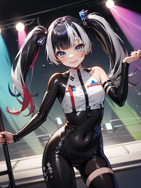4K, A high resolution, Best quality at best, masterpiece, perfect colors, perfect shadow, perfect litghting, ((sportrait)), 1woman, fit body, heterochromia eyes,rainbow hair , blue eyes, With round lenses, The audience watched carefully, (s face: 1.2), Perfect female figure, ((dynamic pose)), ((rainbow Tight crop top leather suit)), ((shy and looking at viewer)), (Perfect thick white eyebrows) Delicate fur, 详细s face, s the perfect face, , (dynamic pose), big breast, open half breast