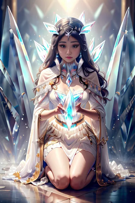 超高分辨率, best qualtiy, photore, 16k, (realisticlying: 1.2), cinmatic lighting, Woman in the shape of a mythical god。It depicts the god holding the sun and moon,Shrouded in a radiant aura,Sit on a magnificent crystal throne against the backdrop of the universe,Float on a crystal throne in a bright white cloak,Floating on a crystal cloud,Surrounded by the splendor of the universe。Meticulous attention to stunning details,And achieve a resolution of 64K,for an immersive and realistic visual experience。Let your work capture the essence of myth and wonder,leaving viewers in awe of its beauty and power。
