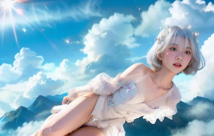 <lora:CrystallineAI-000009:0.7> thin pale 1girl, sparkling CrystallineAI dress, nipple slip:0.3, (flying above cloud:1.2), jump,legs fliping, glare, motion blur, wide angle from below ,Makoko<lora:Makoko:0.7> floating bright white hair, halo on head