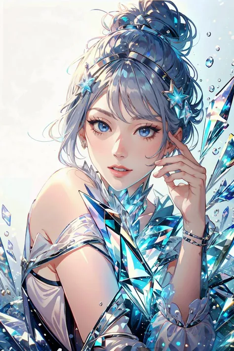 central figure, dynamic pose, rich background composition, water, crystal, gemstone, sparkle, girl, fantastic, ultra high definition, various colors, blue, space, sky, (black and white/gray hair), masterpiece, high quality