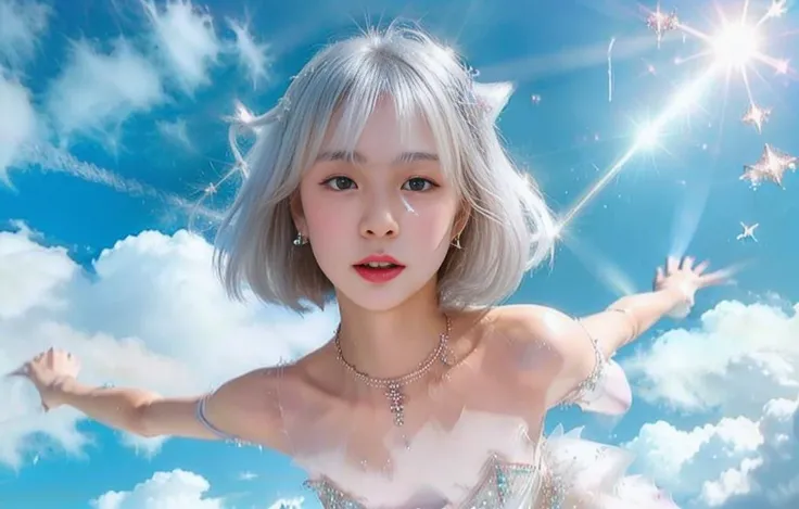 <lora:CrystallineAI-000009:0.7> thin pale 1girl, sparkling CrystallineAI dress, nipple slip:0.3, (flying above cloud:1.2), jump,legs fliping, glare, motion blur, wide angle from below ,Makoko<lora:Makoko:0.7> floating bright white hair, halo on head