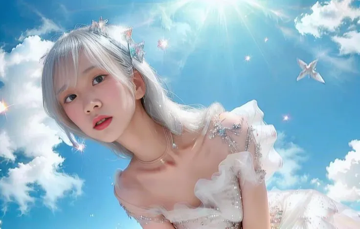 <lora:CrystallineAI-000009:0.7> thin pale 1girl, sparkling CrystallineAI dress, nipple slip:0.3, (flying above cloud:1.2), jump,legs fliping, glare, motion blur, wide angle from below ,Makoko<lora:Makoko:0.7> floating bright white hair, halo on head