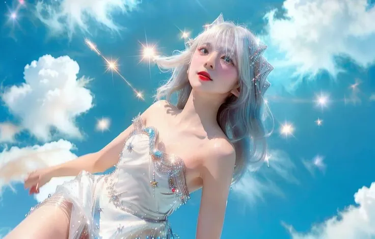 <lora:CrystallineAI-000009:0.7> thin pale 1girl, sparkling CrystallineAI dress, nipple slip:0.3, (flying above cloud:1.2), jump,legs fliping, glare, motion blur, wide angle from below ,Makoko<lora:Makoko:0.7> floating bright white hair, halo on head