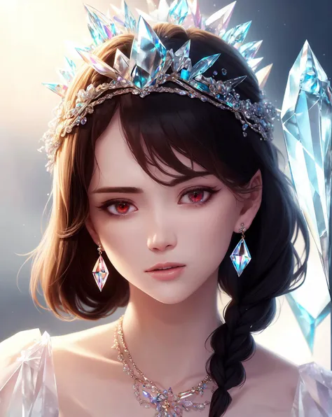 highres render, photo, realistic,8k, extreme detail, perfect face,absurdres, goddess, (masterpiece, best quality),  <lora:crystallineai_v10:1>,(crystallineAI ),1girl, crystal dress, closeup, portrait, crystal earrings,large intricate crystal necklace, tatto, red eyes, black hair, braids, crystal crown,