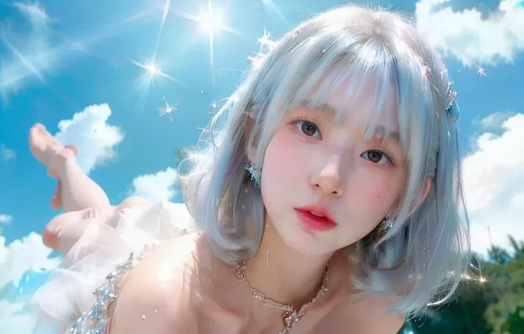 <lora:CrystallineAI-000009:0.7> thin pale 1girl, sparkling CrystallineAI dress, nipple slip:0.3, (flying above cloud:1.2), jump,legs fliping, glare, motion blur, wide angle from below ,Makoko<lora:Makoko:0.7> floating bright white hair, halo on head