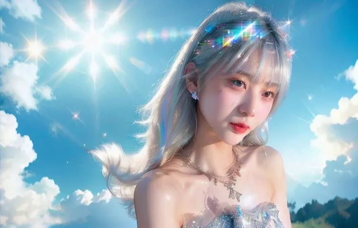 <lora:CrystallineAI-000009:0.7> thin pale 1girl, sparkling  CrystallineAI dress, nipple slip:0.3, (flying above cloud:1.2), jump,legs fliping, glare, motion blur, wide angle from below ,Makoko<lora:Makoko:0.7> floating bright white hair, halo on head