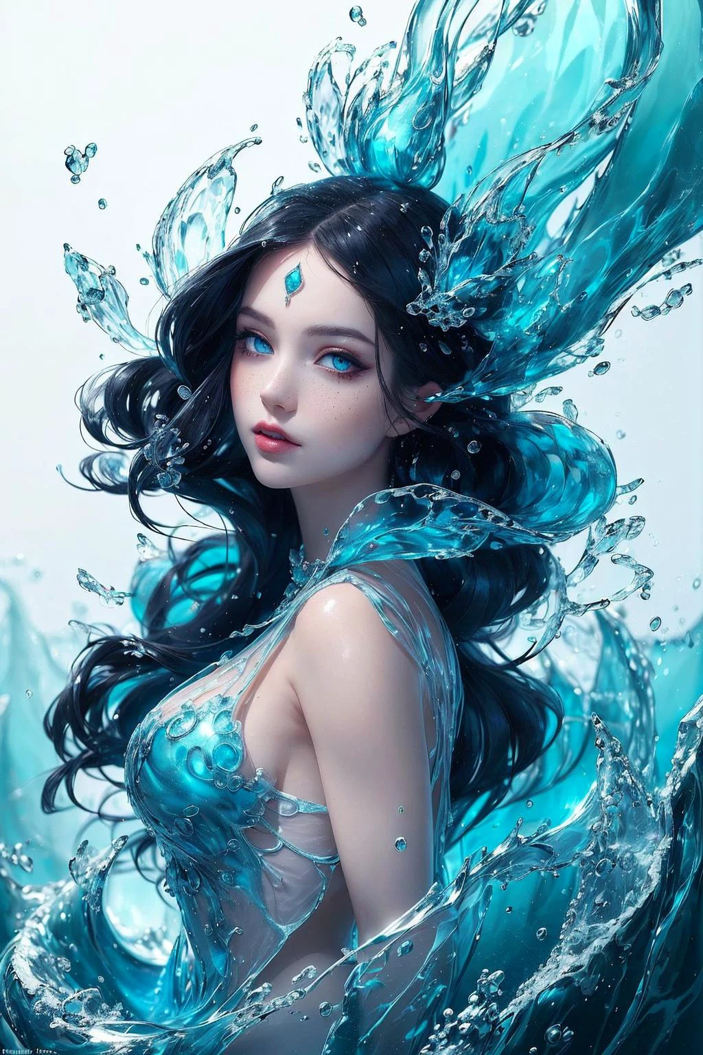 (masterpiece, top quality, best, official art, beautiful and aesthetic, long exposure:1.2), fluid movement, captivating patterns,
1 girl, adult russian woman, freckles, jade eyes, black lob hair,
portrait, solo, upper body, looking at viewer, detailed background, detailed face, (<lora:style_crystallineai_v10:0.6>, crystallineAI, crystalline theme:1.1), elemental water wizard, swirling water, <lora:style_WatervfxCreateMore_v1:0.8> controlling the water, fantasy sorcerer clothes, dynamic pose, floating particles, ethereal dynamic, water, vapor, ocean in background, blue tones, shore, ethereal atmosphere,