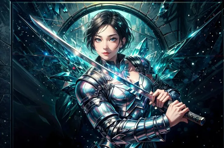 ((best quality, masterpiece)),
1girl, black teal and silver armor, holding a sword, short black hair, castle on background <lora:more_details:0.8>
<lora:CrystallineAI-000009:1>, CrystallineAI