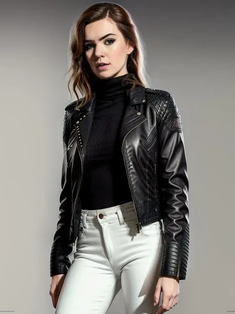 NalaBrook768 , a woman, leather jacket, turtleneck, jeans pants, detailed eyes, full body, photography, trending on artstation, sharp focus, studio photo, intricate details, highly detailed, by greg rutkowski <lora:NalaBrook768:0.7>