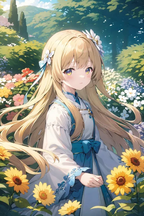 ultra-detailed,(best quality),((masterpiece)),(highres),original,extremely detailed 8K wallpaper,(an extremely delicate and beautiful),anime,
BREAK
masterpiece,best quality,intricate detail,1girl,blonde hair,(very long hair:1.4),jorouyome-chan,sunlight,flower bed,( flowers:1.2),(headflower:1.4),
