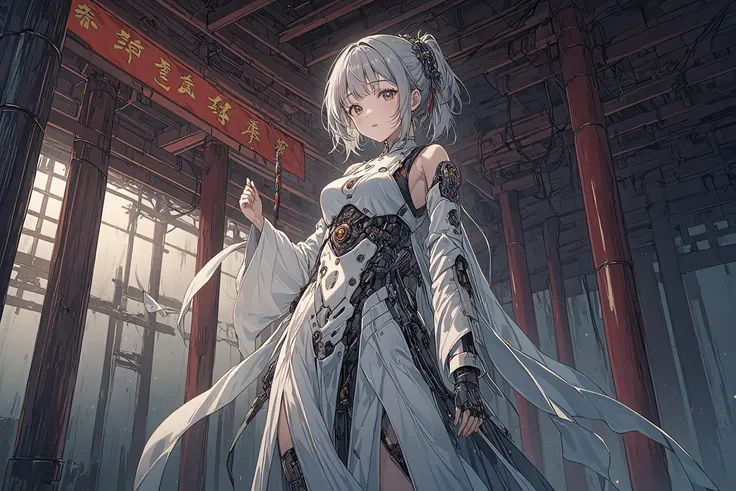 ltra-detailed,(best quality),((masterpiece)),(highres),original,extremely detailed 8K wallpaper,(an extremely delicate and beautiful),
anime,
\\,
BREAK
1 woman,robot cyborg realistic body,hanging in the air anime broken maintenance oriental poetic horror ghost tubes,cowboy shot,chinese clothes,