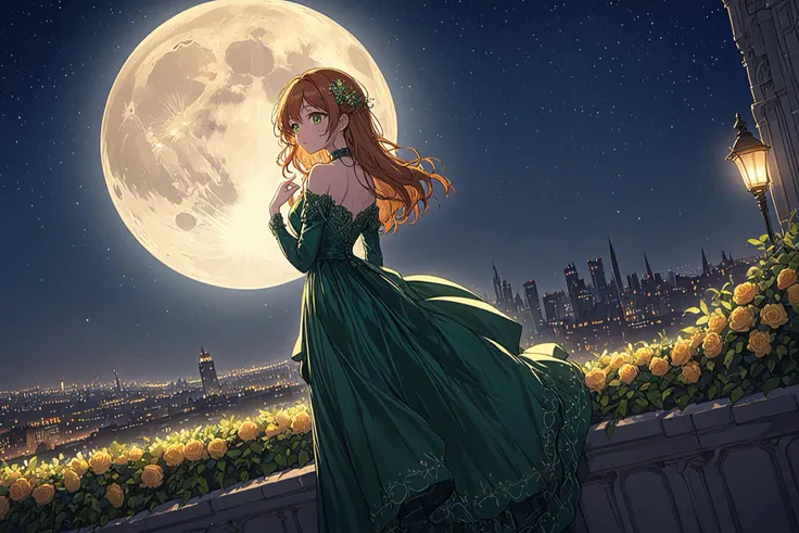 (best quality),((masterpiece)),(highres),original,extremely detailed 8K wallpaper,(an extremely delicate and beautiful),
anime,
\\,
woman on the night embankment,leaning on the parapet,ginger hair,green eyes,evening luxurious dress,brunette (man:1.2) in a suit with a bouquet of flowers,full moon,detailed night sky,detailed night city,cinematic,light shining,sharp focus,highly intricate,elegant,very coherent,innocent,designed,shiny,