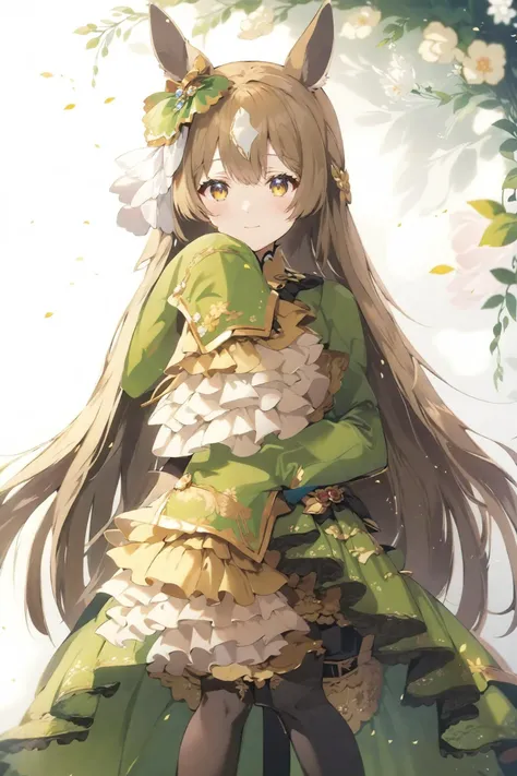 ultra-detailed,(best quality),((masterpiece)),(highres),original,extremely detailed 8K wallpaper,(an extremely delicate and beautiful),anime,
BREAK
1girl,solo,frills,dress,smile,pantyhose,blush,thighhighs,tail,bangs,sitting,braid,animal ears,horse ears,long hair,brown hair,sleeves past wrists,horse girl,sleeves past fingers,looking at viewer,brown eyes,long sleeves,green dress,very long hair,hair between eyes,closed mouth,feet out of frame,frilled sleeves,horse tail,white background,hand up,simple background,black pantyhose,black thighhighs,frilled dress,guangzuan,
BREAK
<lora:guangzuan_xl:1>,