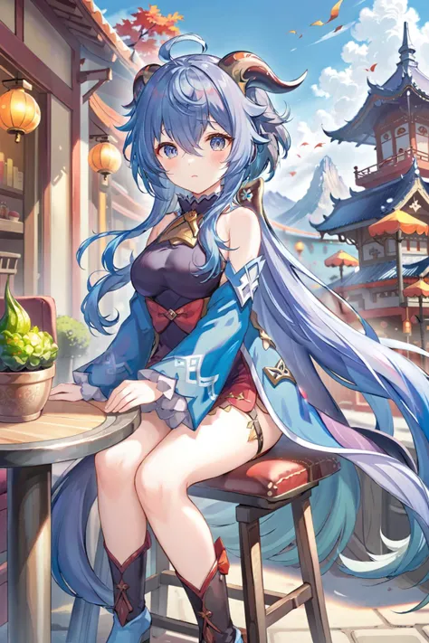 (best quality),((masterpiece)),(highres),original,extremely detailed 8K wallpaper,(an extremely delicate and beautiful),
anime,
\\,
1girl,ganyu,solo,ganyu (genshin impact),long hair,blue hair,horns,sitting on chair,full body,busy street,
<lora:ganyu_xl-v3:0.7>,