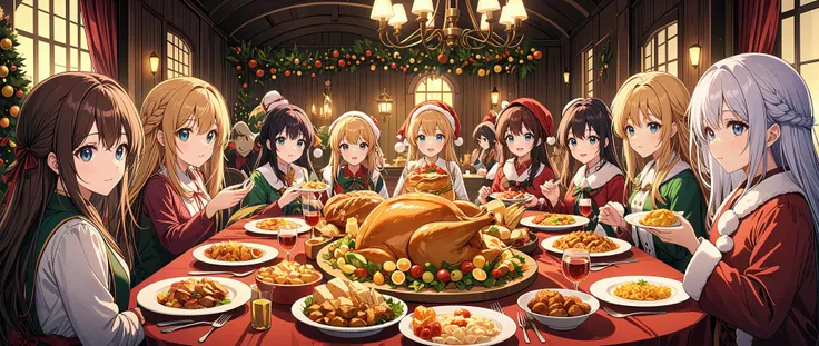 ultra-detailed,best quality,((masterpiece)),(highres),original,extremely detailed 8K wallpaper,(an extremely delicate and beautiful),
anime,
a group of girls are enjoying a christmas feast on a long table indoors,