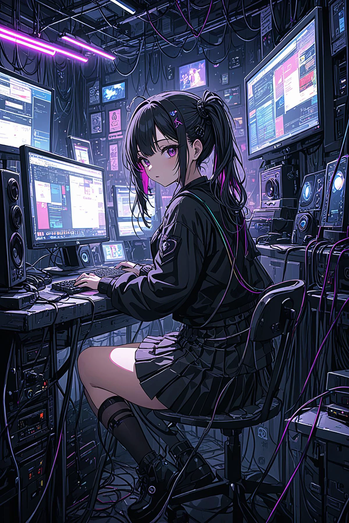 ultra-detailed,(best quality),((masterpiece)),(highres),original,extremely detailed 8K wallpaper,(an extremely delicate and beautiful),
anime,
\\,
BREAK
photo of a cute goth girl,hacker,sit a desk,working at pc,skirt,clutter metro,night,neon lights,nerd outfit,cinematic,cyberpunk,clutter large room,cables,