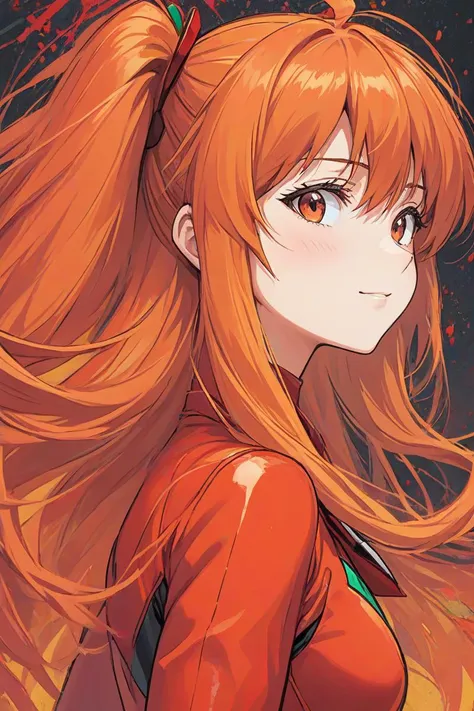 comic portrait of a souryuu asuka langley,light smile,orange and red palette,splash of emotions,. graphic illustration,comic art,graphic novel art,vibrant,highly detailed,((full body)),side view down,