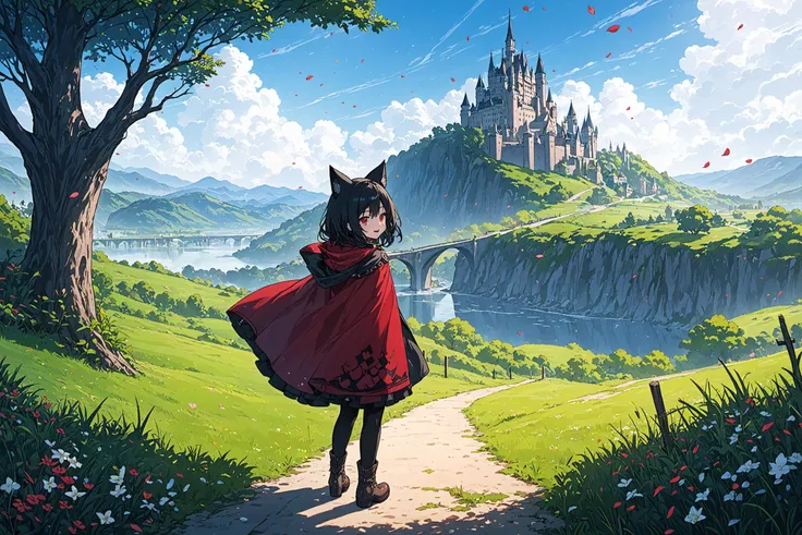 a girl standing in a field looking at a castle in the distance with a sky background and clouds in the sky, Cedric Seaut (Keos Masons), official art, a detailed matte painting, magical realism, blue_sky, bridge, building, bush, city, cloud, cloudy_sky, day, facing_away, forest, grass, hill, horizon, house, island, lake, landscape, mountain, mountainous_horizon, nature, ocean, outdoors, overgrown, path, plant, power_lines, river, road, scenery, standing, tree, water, black_legwear, boots, dress,hood, hooded_capelet, long_hair, looking_at_viewer, open_mouth, petals, red_hood, smile, solo, standing, Alice Prin, official art, a manga drawing, remodernism (solo:1.5), (female child,full body,cat girl,black hair, cat ears, red eyes, happy:1)