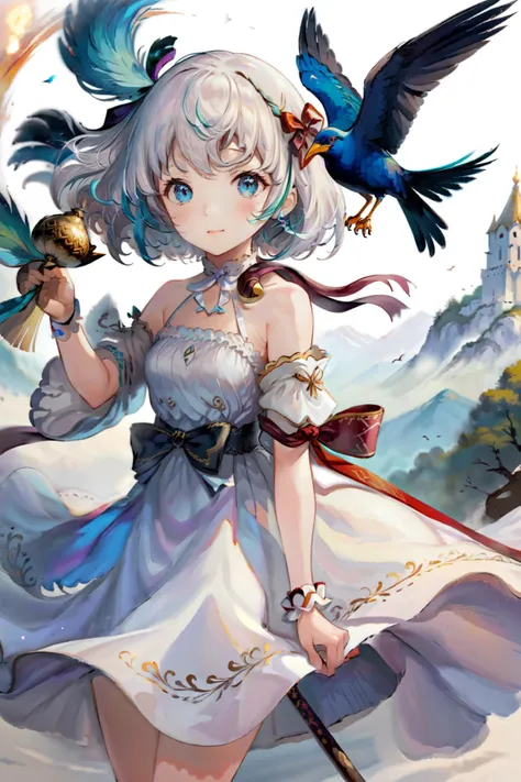 ultra-detailed,(best quality),((masterpiece)),(highres),original,extremely detailed 8K wallpaper,(an extremely delicate and beautiful),((detailed face)),beautiful detail eyes,
anime,momoko,suga,
1girl, solo, staff, dress, open mouth, blue eyes, looking at viewer, smile, animal ears, detached sleeves, bangs, holding staff, white background, hair ornament, white dress, :d, bird, holding, bare shoulders, short hair, ribbon
[(white background:1.4)::5]
 <lora:moriti_xl:0.8>