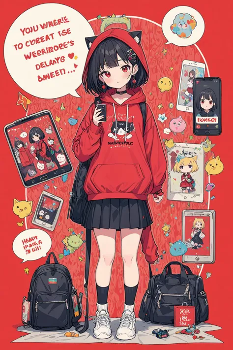 ultra-detailed,(best quality),((masterpiece)),(highres),original,extremely detailed 8K wallpaper,(an extremely delicate and beautiful),
anime,
\\,
BREAK
1girl,red eyes,red background,hood,backpack,cat,red hoodie,drawstring,black hair,shoes,hood down,hoodie,long sleeves,solo,bag,holding,hair ornament,english text,socks,earrings,white footwear,bangs,looking at viewer,jewelry,sneakers,phone,standing,blush,full body,skirt,medium hair,black socks,hairclip,red theme,speech bubble,holding phone,closed mouth,cellphone,sleeves past wrists,animal,short hair,simple background,black skirt,romaji text,