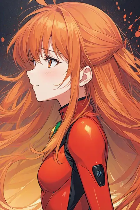 comic portrait of a souryuu asuka langley,light smile,orange and red palette,splash of emotions,. graphic illustration,comic art,graphic novel art,vibrant,highly detailed,((full body)),side view down,
