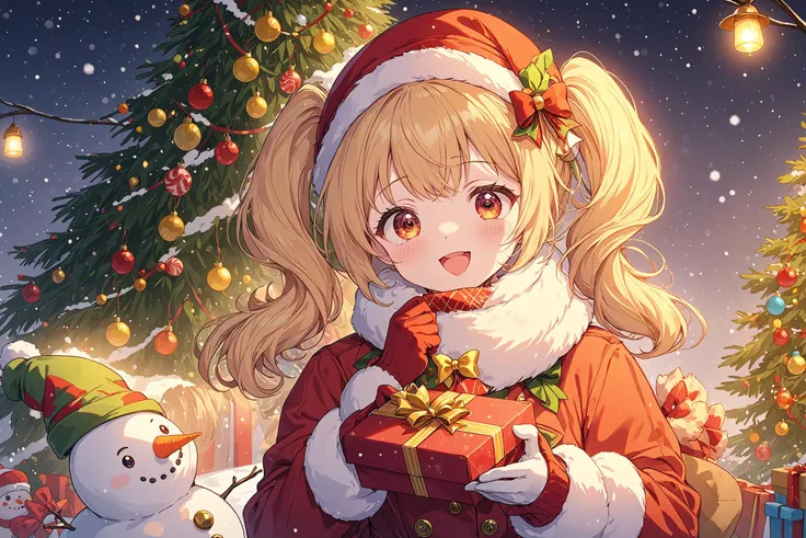 ltra-detailed,(best quality),((masterpiece)),(highres),original,extremely detailed 8K wallpaper,(an extremely delicate and beautiful),
anime,
\\,
BREAK
1girl,snowman,gift,christmas,solo,looking at viewer,hat,open mouth,smile,ahoge,mittens,gloves,food,twintails,scarf,blonde hair,candy,dress,red eyes,bow,christmas tree,ribbon,orange eyes,fur trim,:d,box,bell,red headwear,coat,long sleeves,