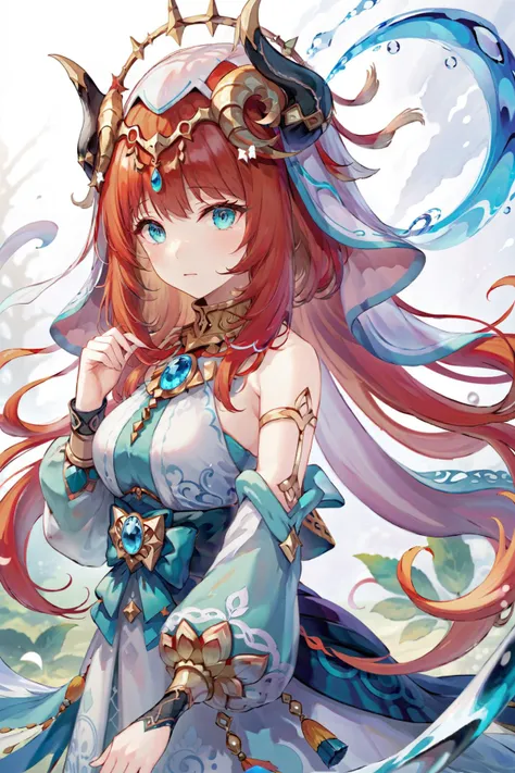 ultra-detailed,(best quality),((masterpiece)),(highres),original,extremely detailed 8K wallpaper,(an extremely delicate and beautiful),best_hand,
anime,
1girl,nilou (genshin impact),red hair,aqua eyes,hair ornament,horns,white background,
<lora:nilou_xl:0.7>,