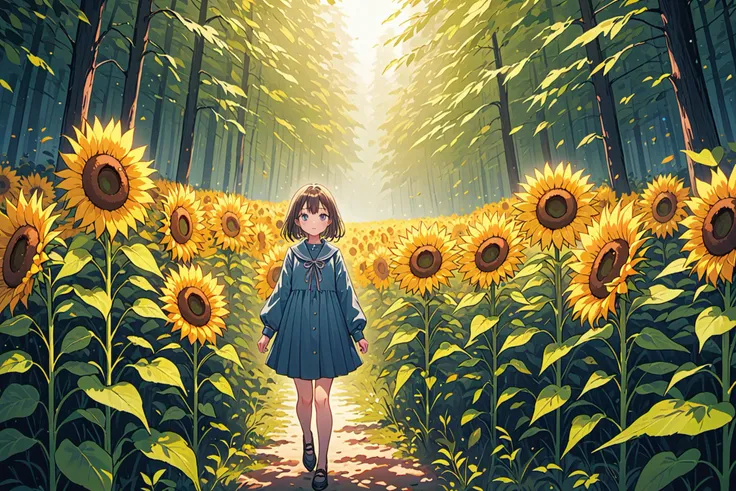 ultra-detailed,(best quality),((masterpiece)),(highres),original,extremely detailed 8K wallpaper,(an extremely delicate and beautiful),
anime,
\\,
best quality,aesthetic,detailed,by poire,1girl,solo,long sleeves BREAK outdoors,forest,field of sunflower,
BREAK
\\,
BREAK